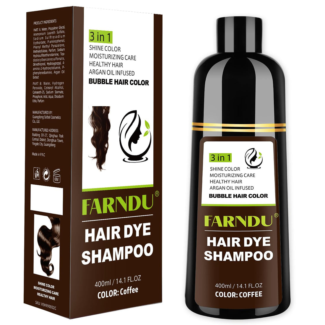 Farndu Coffee Hair Dye Shampoo for Women & Men - Gray Coverage 3 In 1 Natural Color Shampoo
