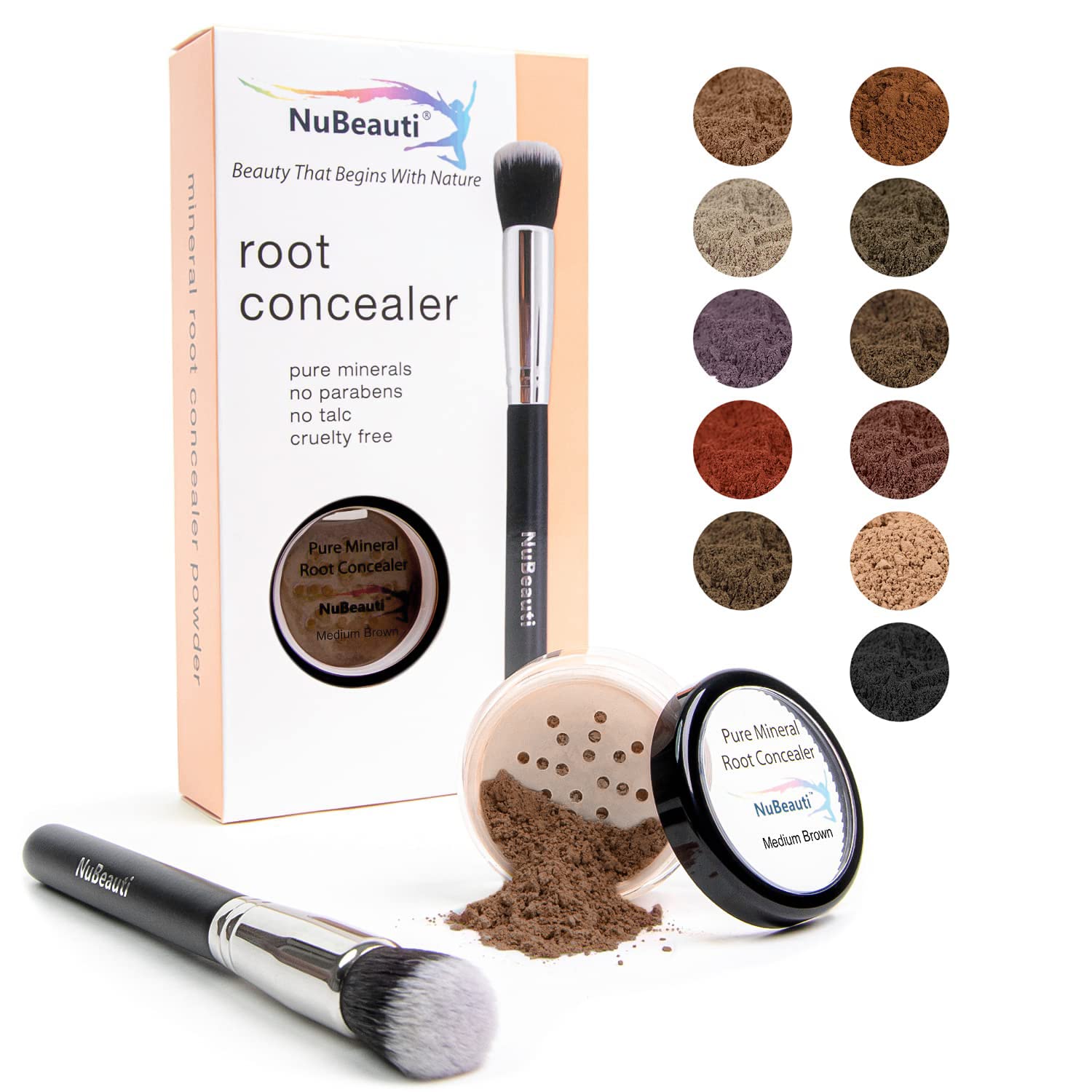 Pure Mineral Shades Root Concealer - Touch Up Kit with Brush - All Natural - Fast - Easy - Instant - Temporary Magic Powder Cover-Up - Covers Grey Roots Too - Medium Brown