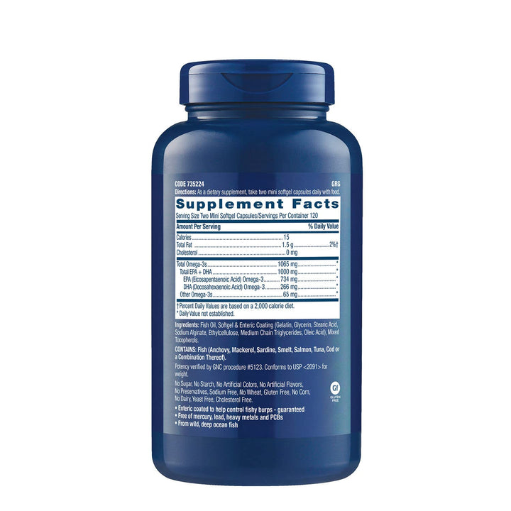 GNC Triple Strength Omega 3 Fish Oil Mini's | Heart, Brain, Joint & Eye Support with EPA & DHA | Non-GMO, Gluten Free | 240 Mini Softgels