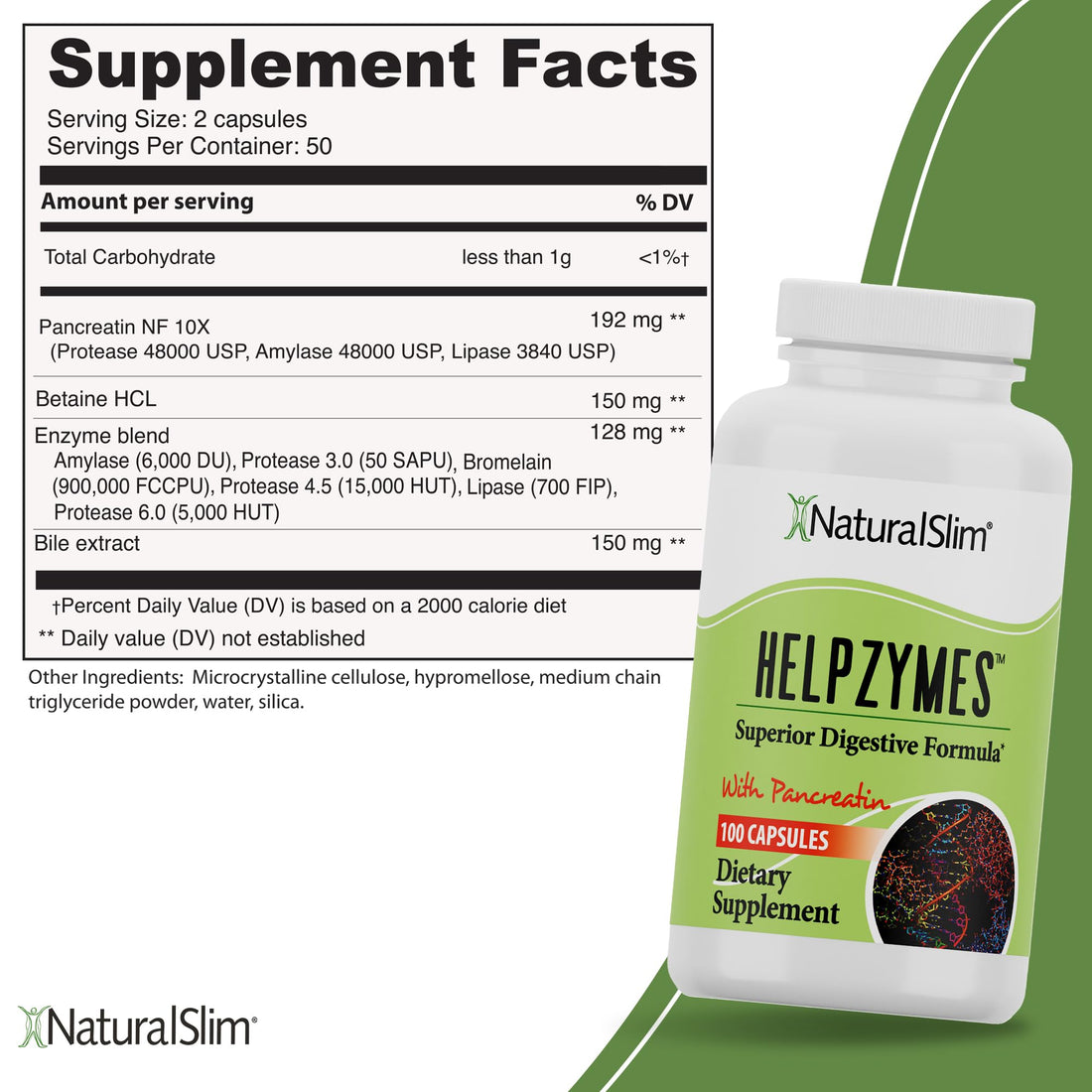 NaturalSlim Digestive Enzymes for Women & Men - Helpzymes Essential Enzymes for Digestion, Gut Health, Gas Bloating Relief with Bromelain, Ox Bile, Pancreatin. & Betaine HCL - 100 Capsules Solo