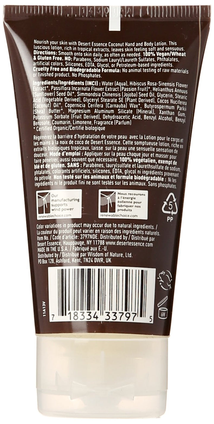 Desert Essence Hand and Body Lotion, Coconut, Travel Size, 1.5 Fluid Ounce