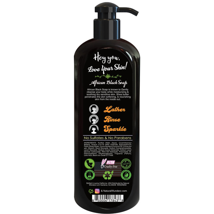 Natural Wunderz Body Wash with African Black Soap and Shea Butter, 32 Fl Oz Shower Gel, Promotes Acne Treatment, Contains All Natural Extracts, Vegan, and Sulfate-Free Body Scrub