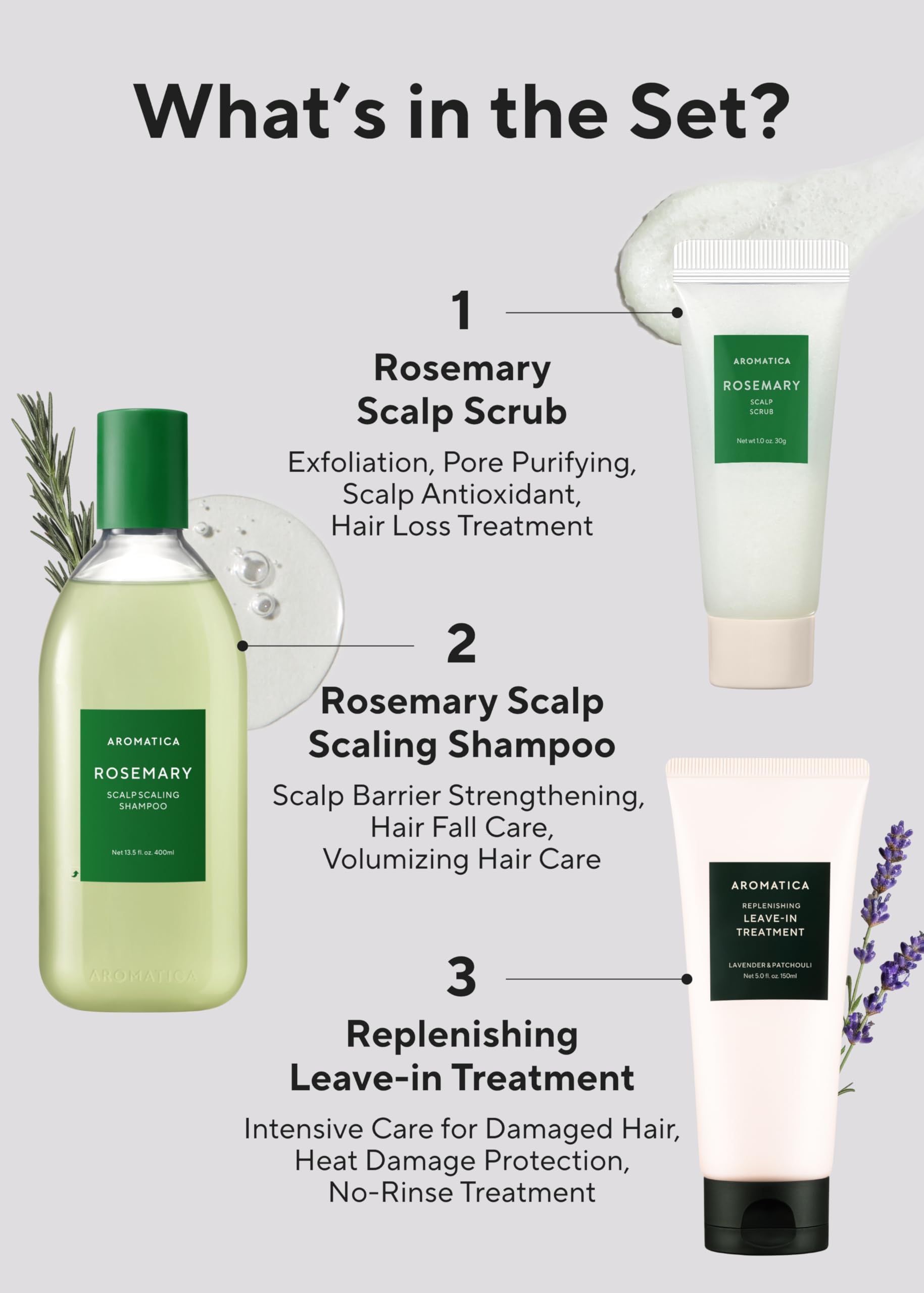 AROMATICA Rosemary Hair Care Holiday Gift Set - Shampoo for hair growth & Heat Protection Leave in Treatment & Scalp Treatment - Vegan and Silicone Free