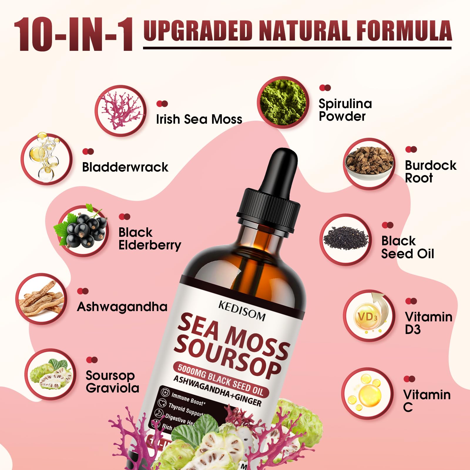 KEDISOM Irish Sea Moss Soursop Drops 2 Fl Oz - Sea Moss Black Seed Oil Multivitamin Liquid with Ashwagandha, Burdock Root, Bladderwrack, Soursop Seamoss Supplement for Gut, Immunity, Thyroid Support