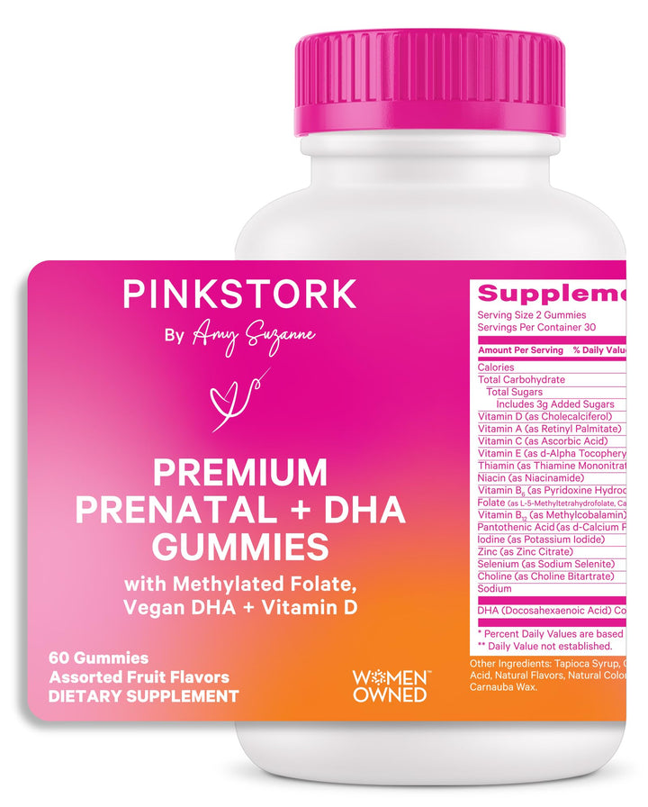 Pink Stork Premium Prenatal Gummy Vitamins with DHA, Folate, and Vitamin D - Multivitamin and Nutrient Blend for Neural Tube and Fetal Brain Development - Pregnancy Must Haves - 60 Vegan Gummies