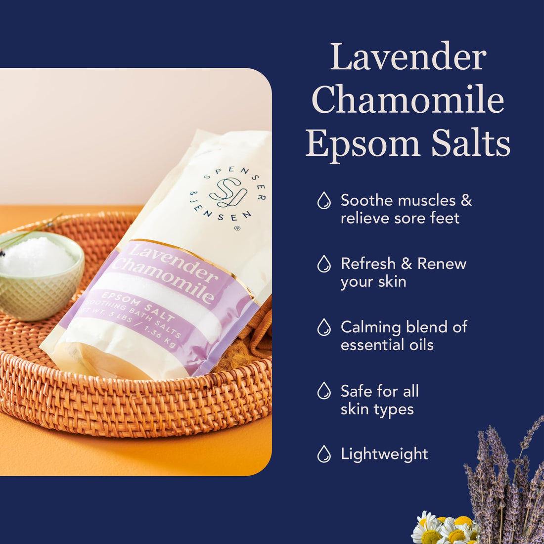 Spenser & Jensen Calming Lavender & Chamomile Epsom Bath Salts | Soothing & Relaxing Bath Soak for Body Wellness & Sore Muscle Relief, 3 LB (Pack of 1)
