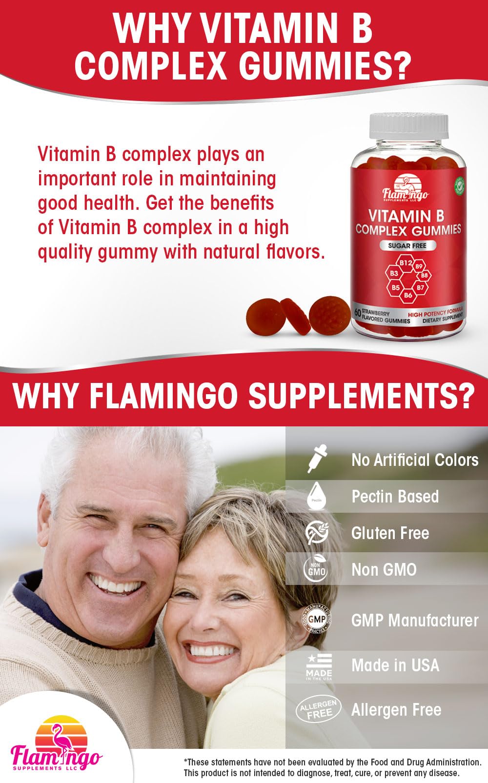 Sugar Free Vitamin B Complex Gummies - Vitamin B12, B7, B6, B3 (Niacin), B5, B8, B9 (Folate)- Third Party Tested- Prenatal, Vegan Diet, Older Adults - B Complex Vitamin Supplement- 60 Gummy Bottle