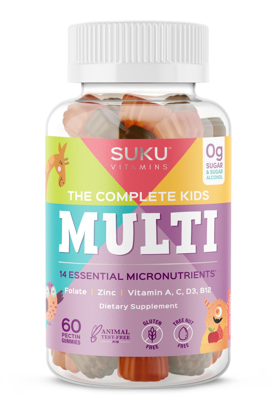 SUKU Vitamins - The Complete Kids Multi - Vitamin A, Folate, Zinc Gummies for Immunity Support -Easy to Chew- NonGMO, Allergen Gluten Sugar Free - Tropical Bonanza Flavored Gummy Vitamins - 60 Count