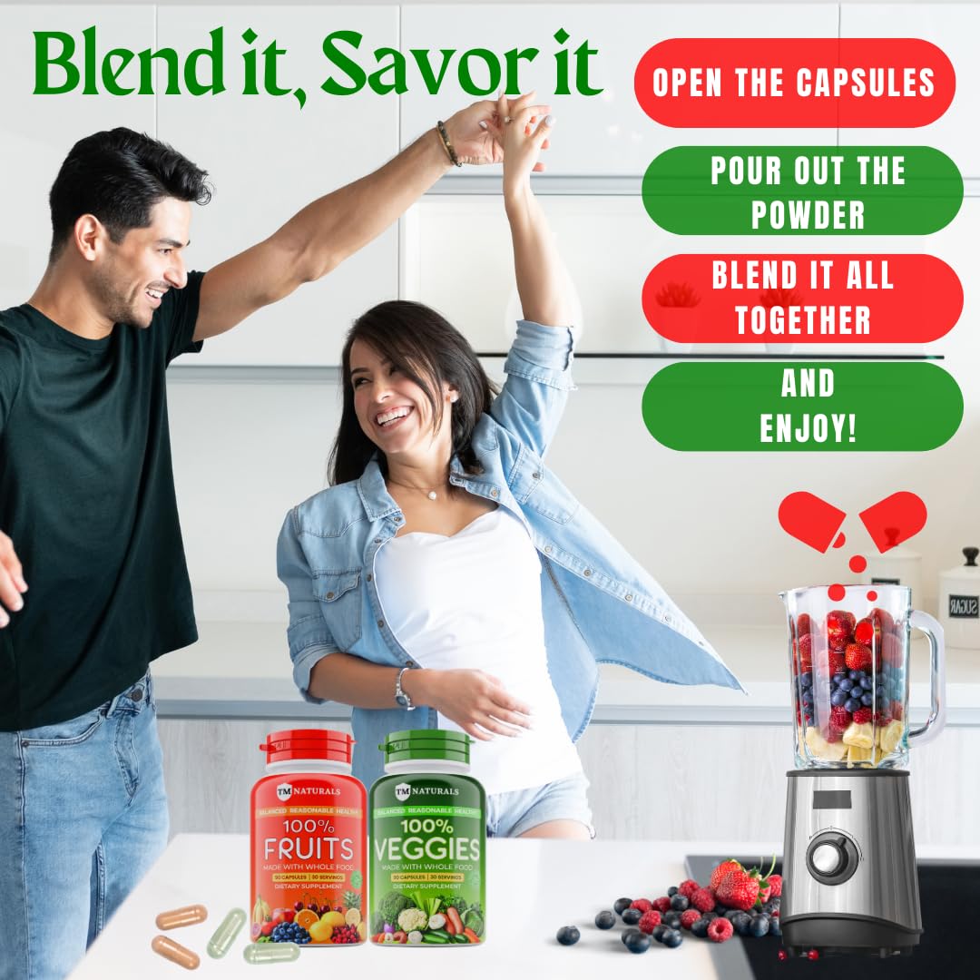 TM NATURALS Fruit and Veggies Supplement - Super Greens Men's and Women's Multivitamin -90 Fruit and 90 Vegetables Capsules - Boost High Protein & Energy - 90 Count (Pack of 2) + Travel Size Pill Box