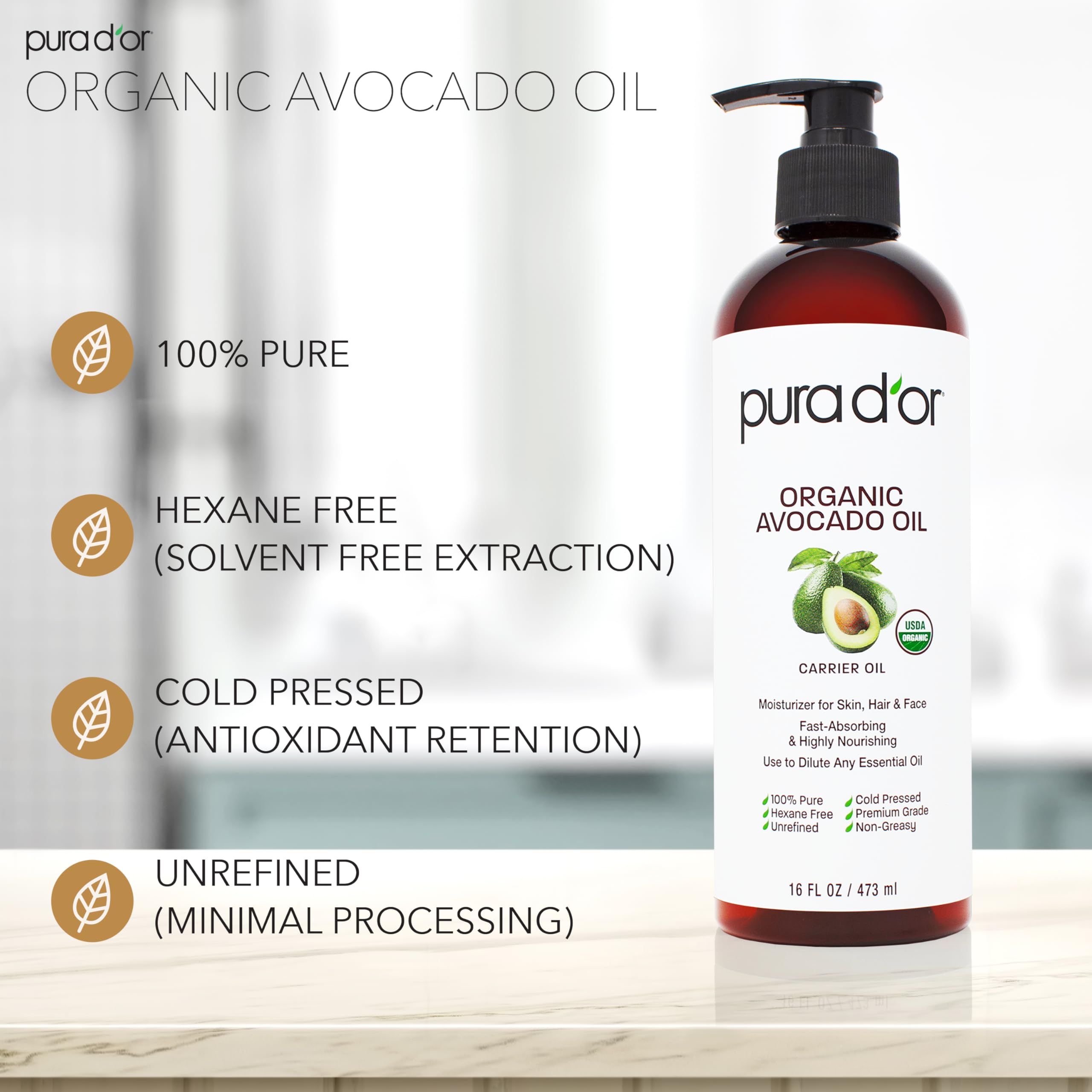 PURA D'OR 16 Oz ORGANIC Avocado Oil - 100% Pure & Natural USDA Certified Cold Pressed Carrier Oil For DIY Beauty, Non-Greasy, Unscented, Hexane Free Liquid Moisturizer - Face Skin & Hair - Men & Women