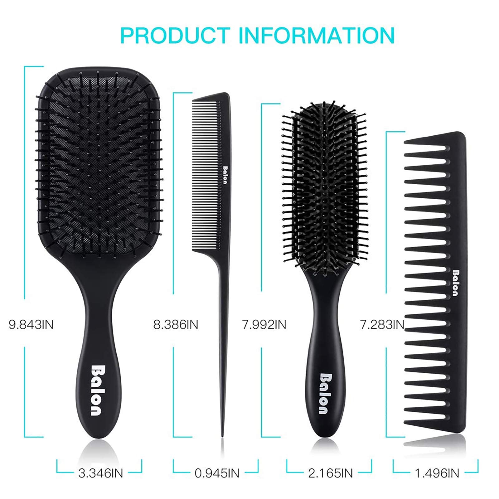 4Pcs Paddle Hair Brush, Detangling Brush and Hair Comb Set for Men and Women, Great On Wet or Dry Hair, No More Tangle Hairbrush for Long Thick Thin Curly Natural Hair (Black)