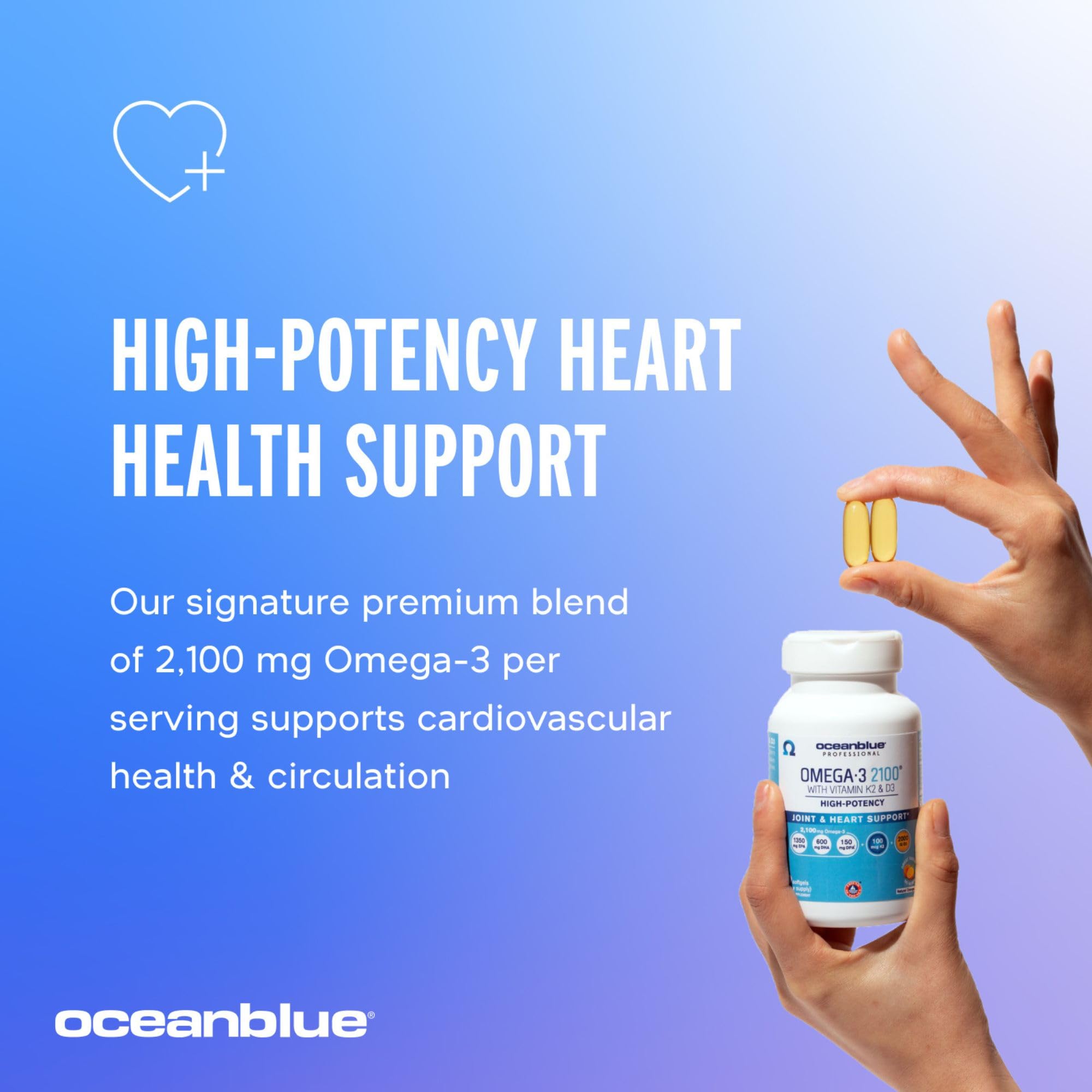 Oceanblue Professional Omega-3 2100 with Vitamin K2 and Vitamin D3-60 Count - Triple Strength Burpless Fish Oil Omega-3 Supplement with EPA, DHA & DPA - Wild Caught - Orange Flavor, 30 Servings