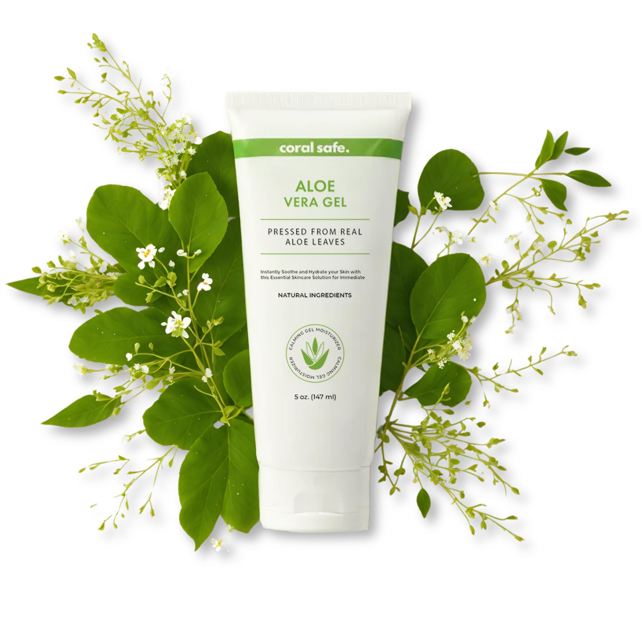 Coral Safe Pure Aloe Vera Gel For Face & Body, Made with Organic Aloe, Pressed from Fresh Aloe Leaves - 99% Aloe - for Hair, Skin & Sunburn Relief, Hydrating, Non-Greasy Formula, Unscented, 5 oz