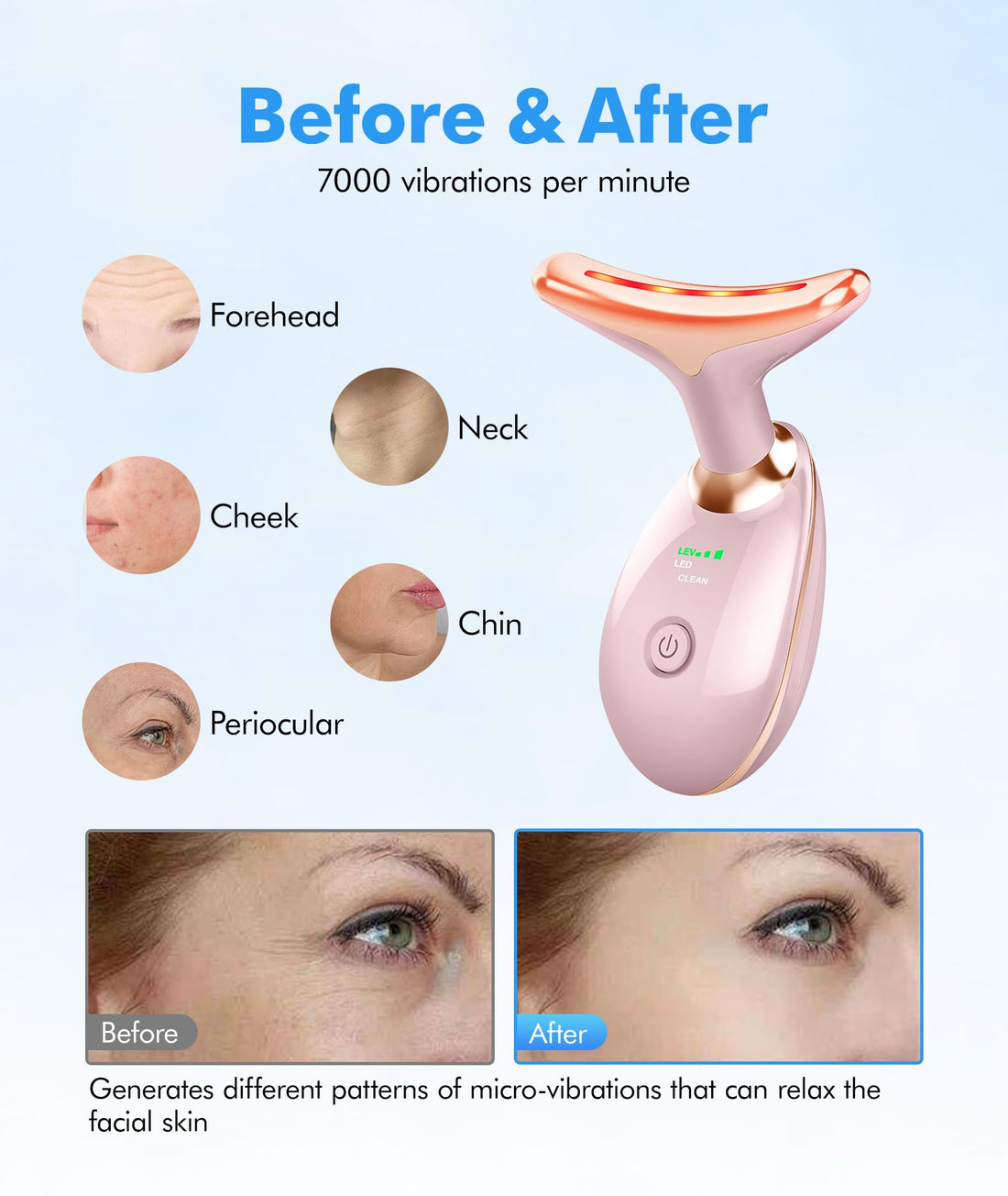 SDKWDH Red-Light-Therapy-for-Face-and-Neck, 7 Color Face Massager Tool for Wrinkles, Double Chin, Vibrating Facial Massager with Thermals for Skin Care, Glossy Pink