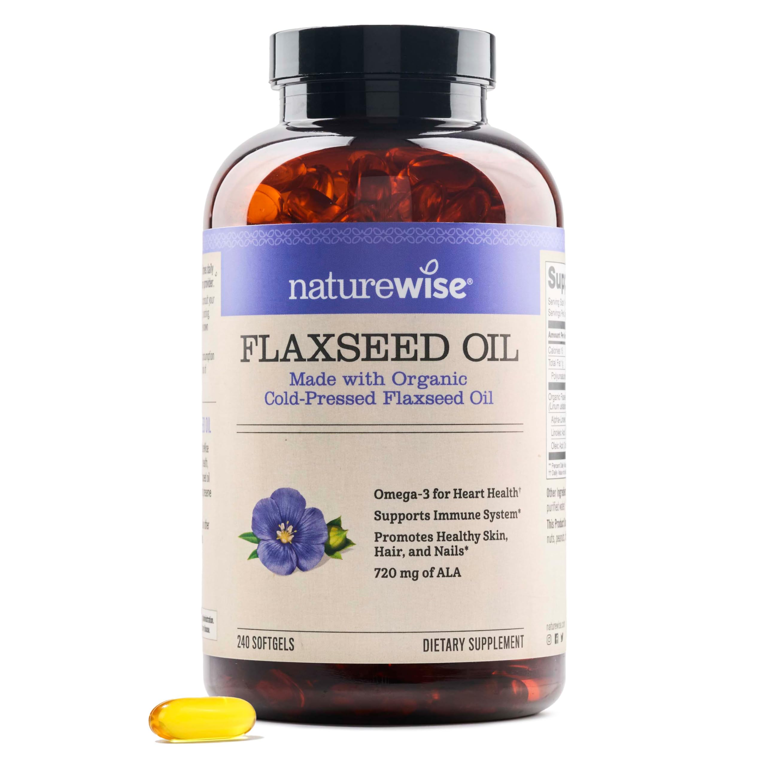 NatureWise Flaxseed Oil 1200 mg, Fish Free Omega 3 Supplement with 720mg ALA, Omega 3 6 9, Dietary Supplement for Heart Health Support - Organic, Cold Pressed, Non-GMO - 240 Softgels[8-Month Supply]
