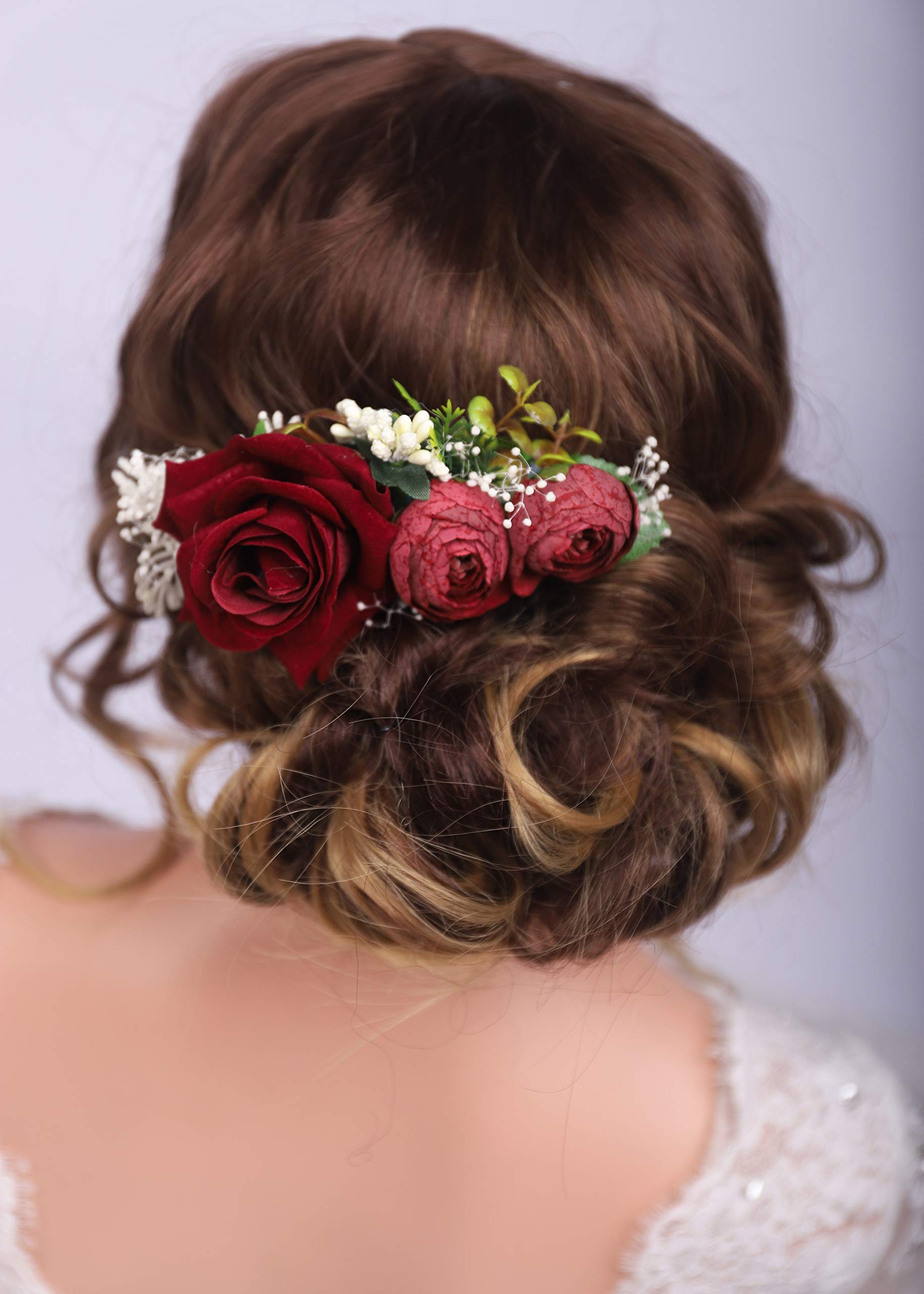 Kercisbeauty Red Rose Burgundy Hair Comb for Brides Wedding Bridal Vintage Headband Burgundy Floral Comb Festival Headpiece Women Girls Party