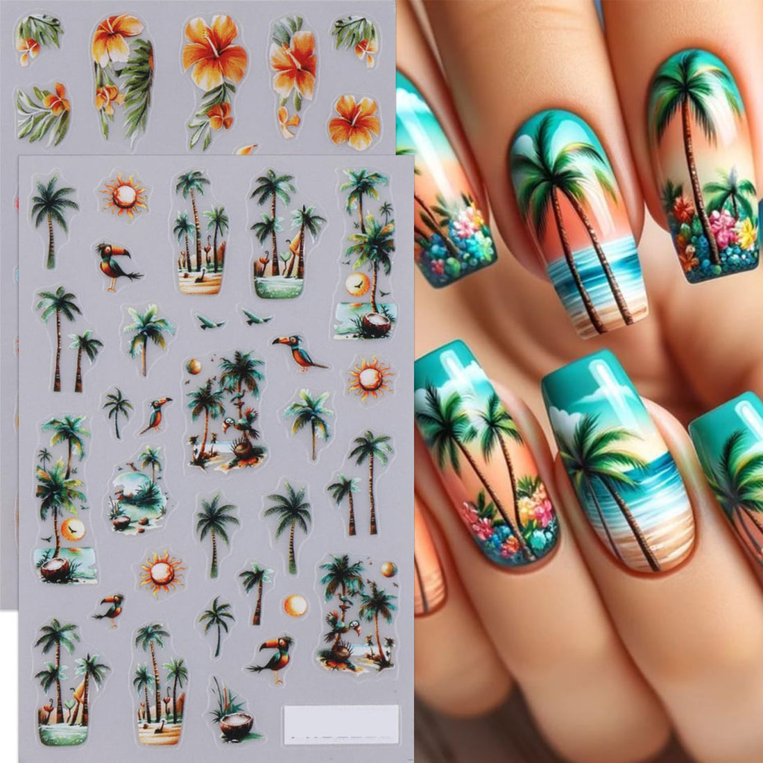 Summer Nail Art Stickers Palm Coconut Tree Nail Stickers Beach Ocean Theme Nail Decals 4PCS 3D Self-Adhesive Tropical Flower Leaf Flamingo Nail Designs Sticker Charms for Women Decorations