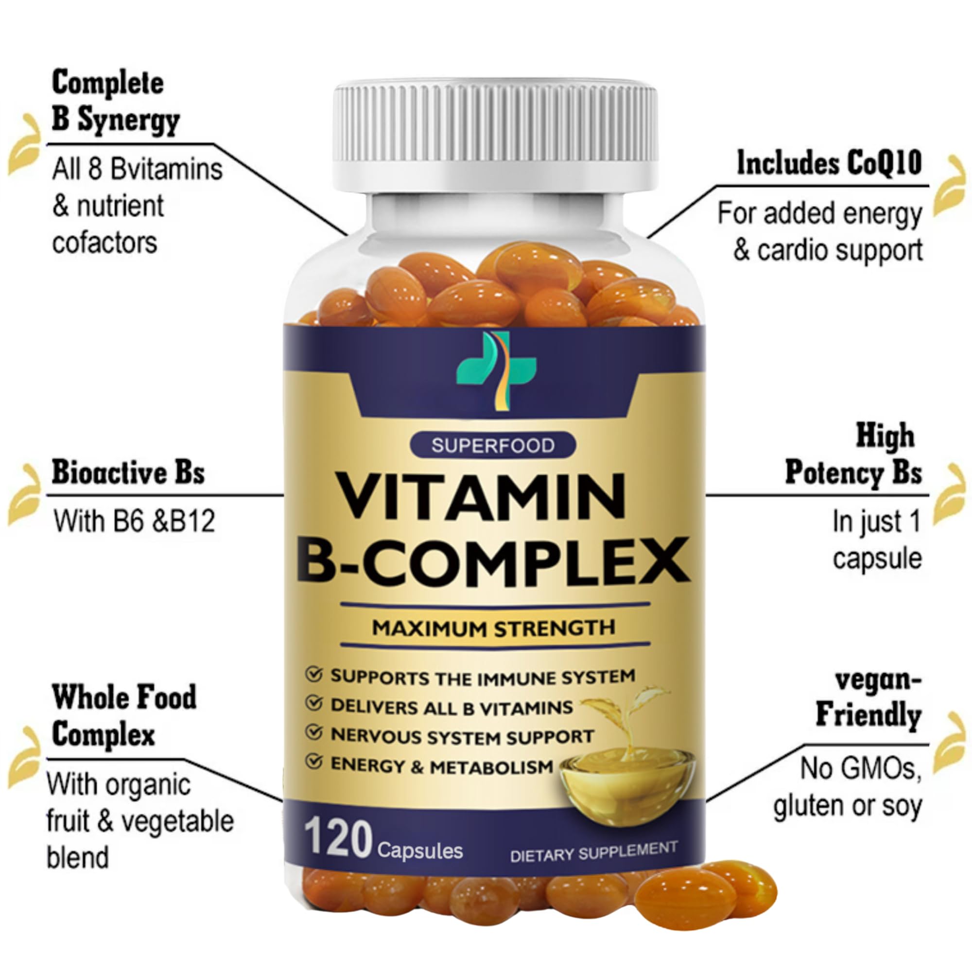 Max Strength Vitamin B-Complex + CoQ10 + Vitamin C - Natural Supplement for Energy, Metabolism Support, 120 Softgels, 60 Day Supply