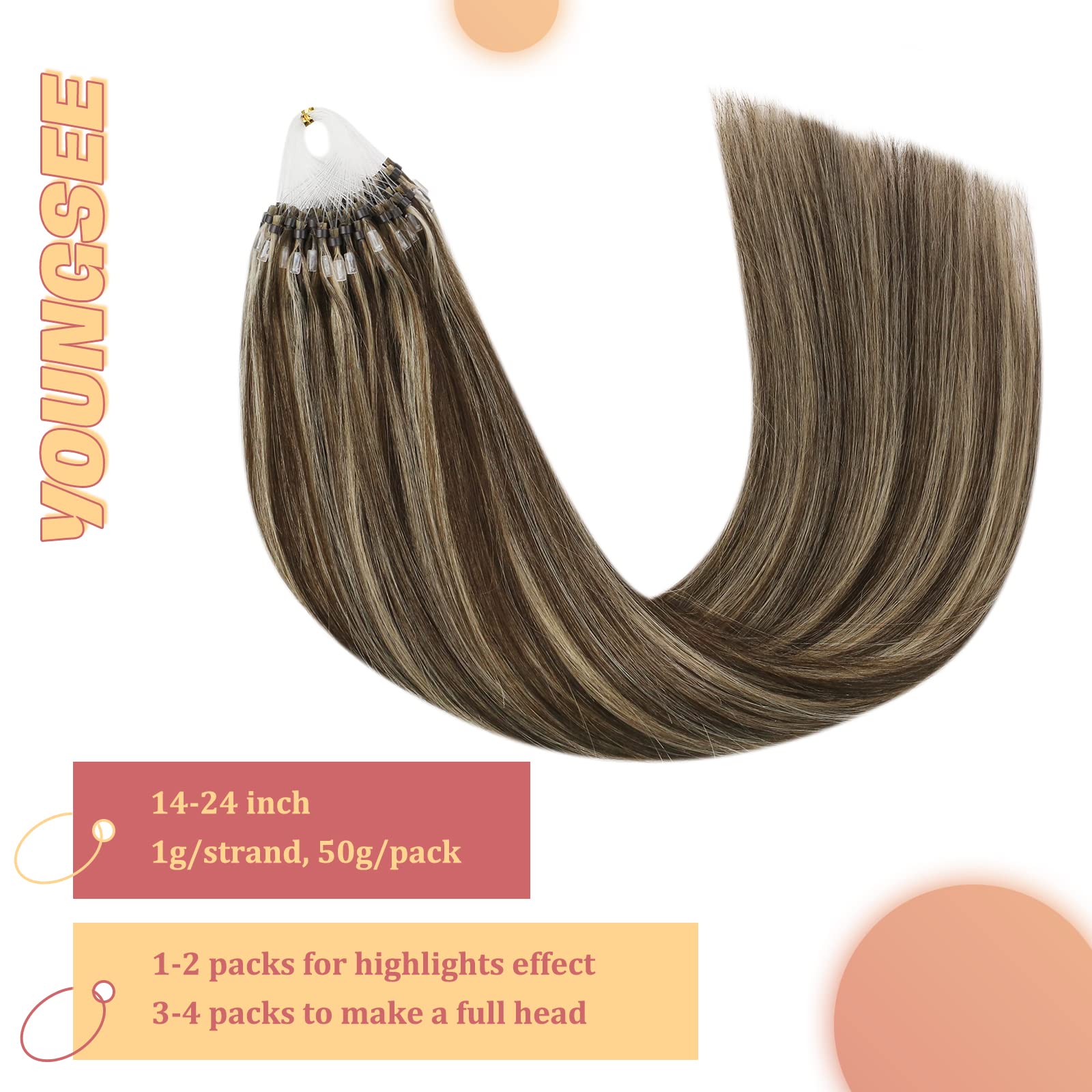 16, Dark Brown With Caramel Blonde: Youngsee Remy Human Hair Micro Loop Real Hair Extensions Dark Brown Mixed With Caramel Blonde Silkly Straight Micro Ring Link Human Hair Ex