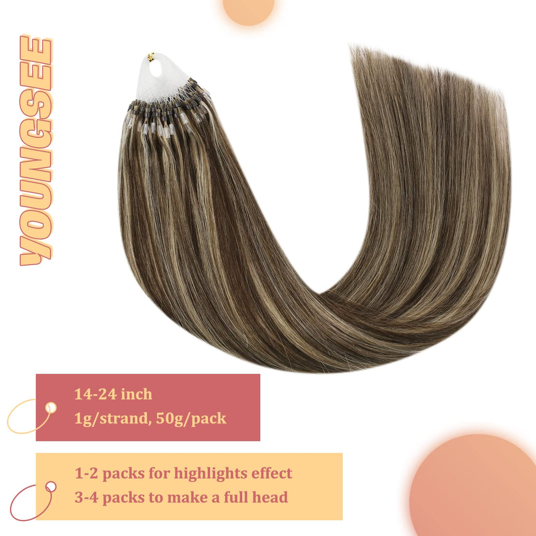 16, Dark Brown With Caramel Blonde: Youngsee Remy Human Hair Micro Loop Real Hair Extensions Dark Brown Mixed With Caramel Blonde Silkly Straight Micro Ring Link Human Hair Ex