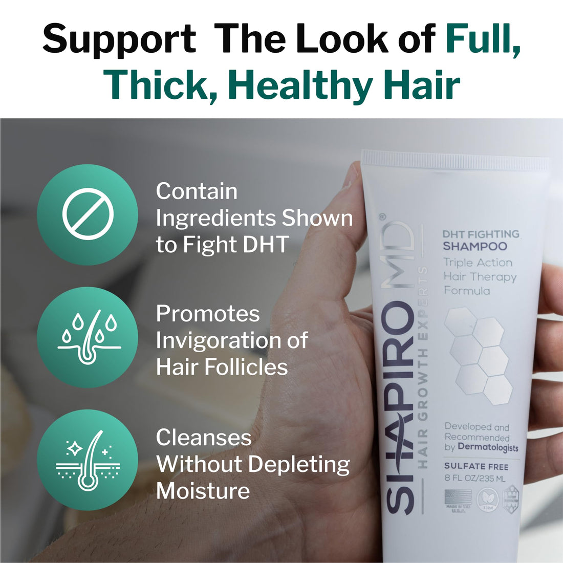 Shapiro MD Shampoo Containing the 3 Most Powerful, All-Natural DHT Blockers for Thicker, Fuller, and Healthier Hair (1 Month Supply) (Shampoo)