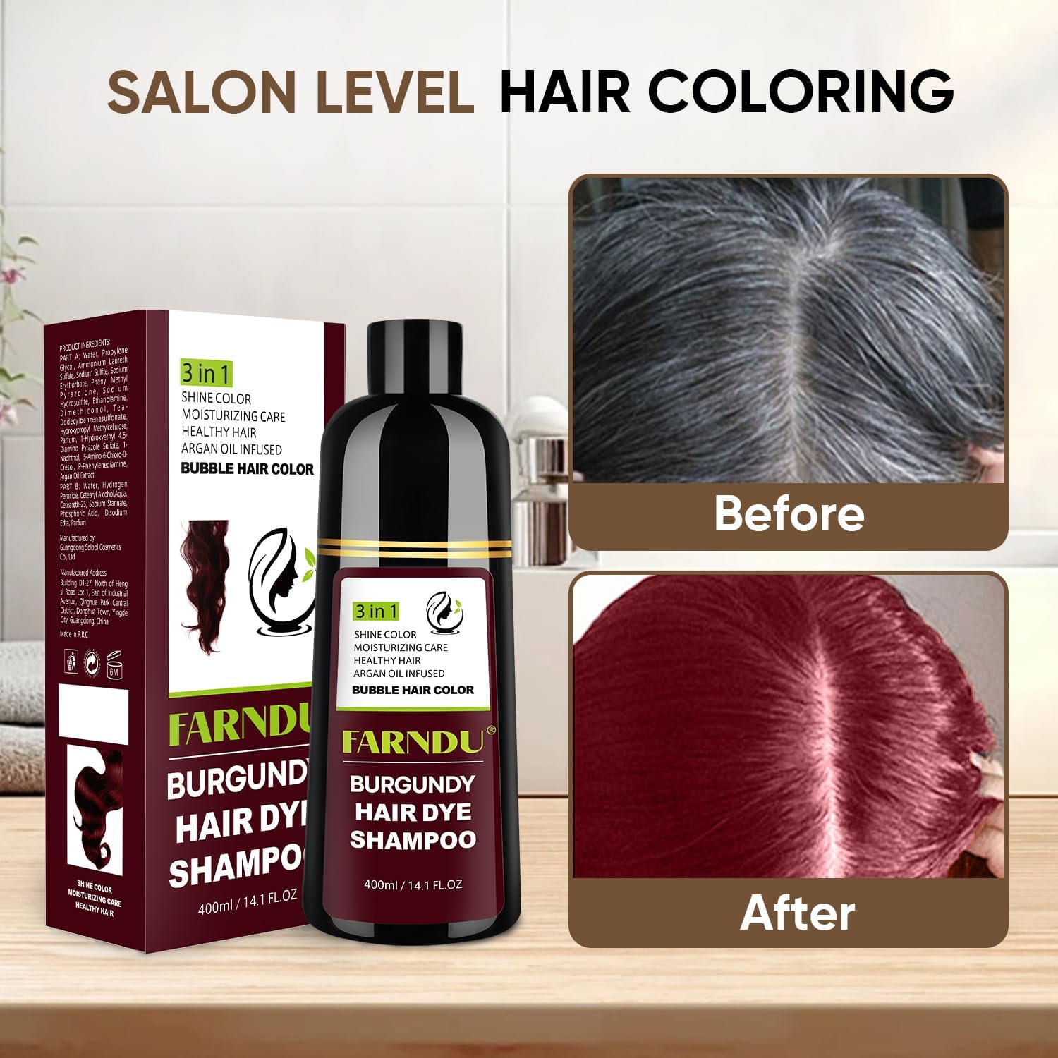 Farndu Red Burgundy Hair Dye Shampoo 3-in-1 for Women Men Gray Hair Coverage, Natural Herbal Ingredients 14.1Oz