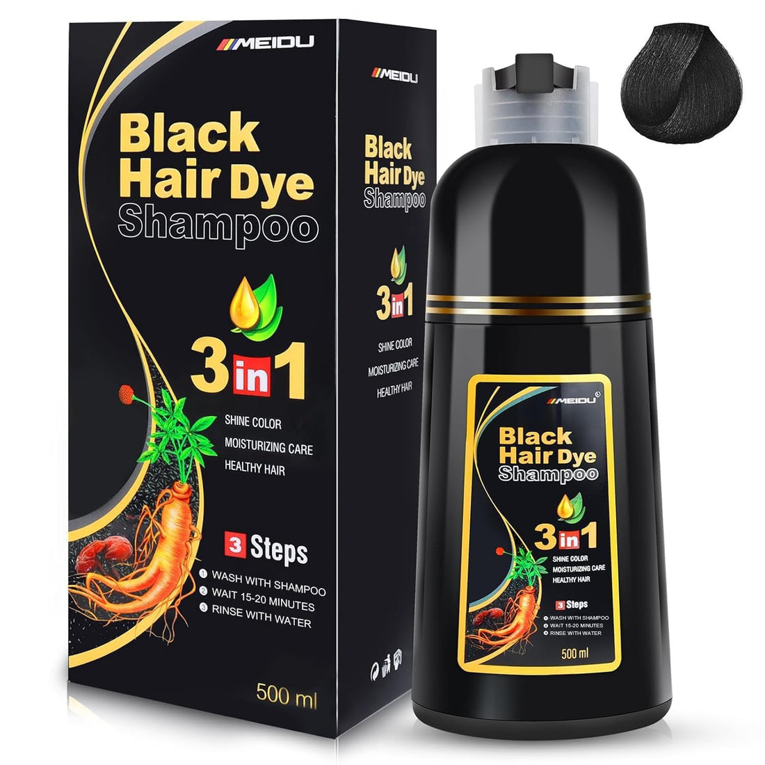 MEIDU Black Hair Dye Shampoo 3 in 1 for Gray Hair Coverage, Hair Color Shampoo for Women Men, Natural Herbal Ingredients Shampoo Para Pintar el Cabello (16.9 Oz)