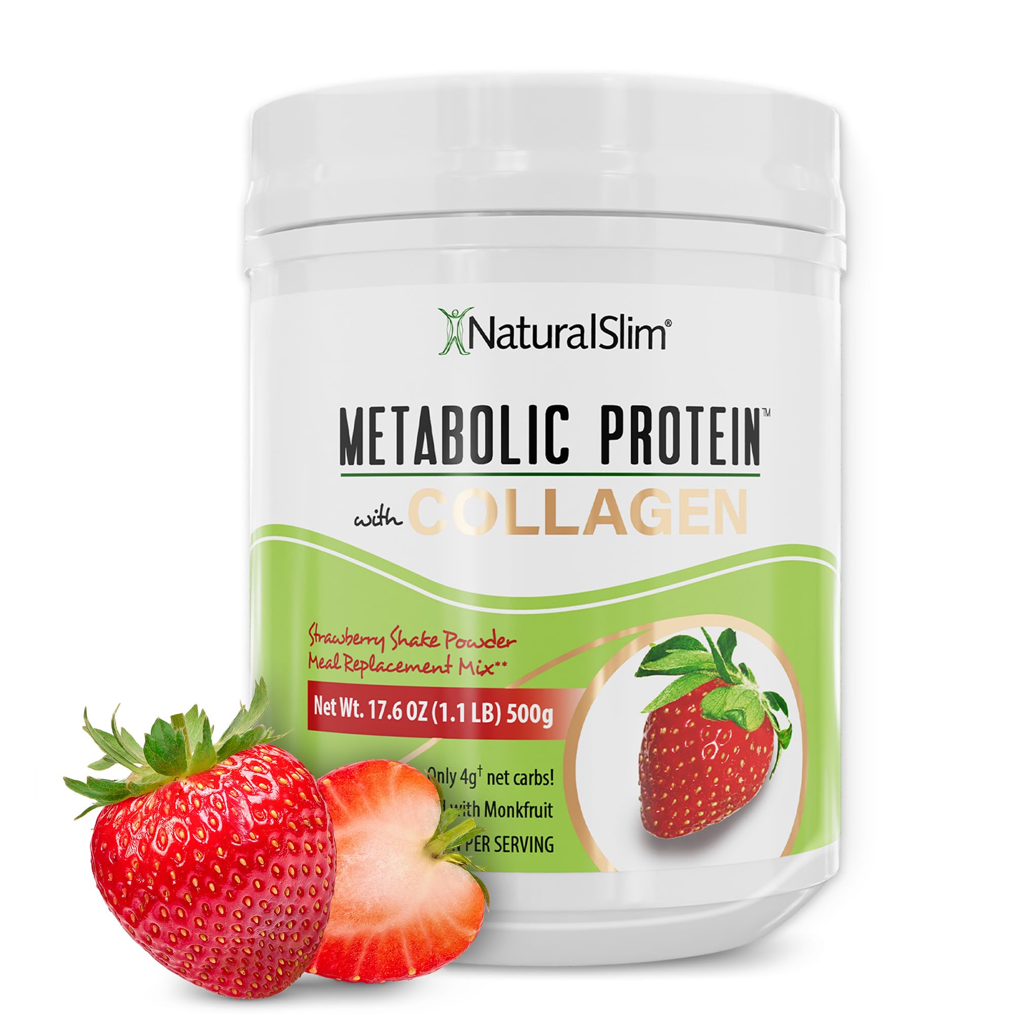 NaturalSlim Metabolic Protein Powder with Collagen Strawberry - Hydrolyzed Collagen Protein Powder for Hair, Skin, Bone, Joint, and Metabolism - Low Carb Meal Replacement Shake Mix - 17.6 oz