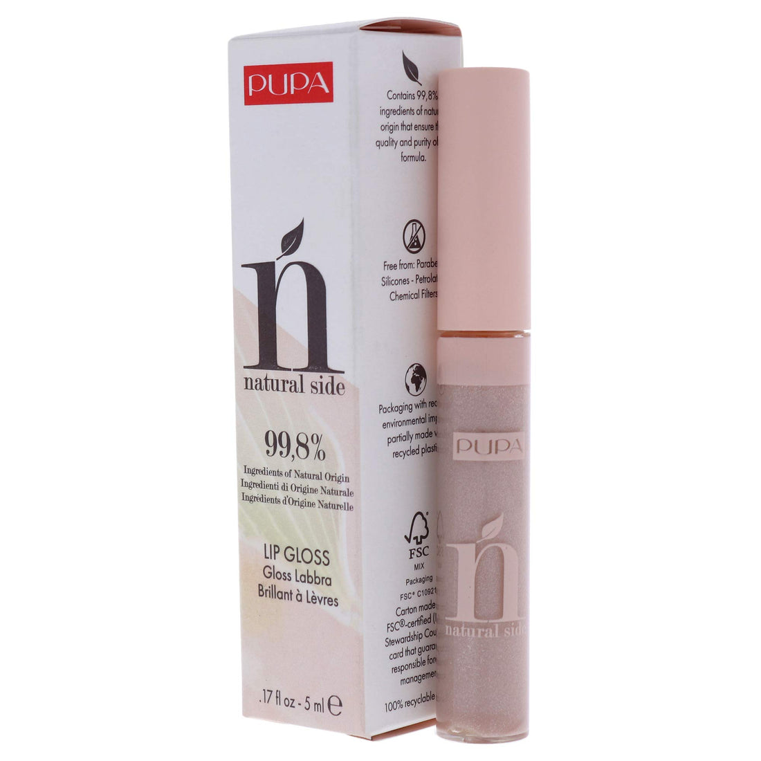 Pupa Milano Natural Side Lip Gloss - Ultra Radiant Effect With 99.8% Ingredients of Natural Origin - Comfortable and Non-Sticky - Contains Natural Oils and Rice Starch - 001 Light Rose - 0.17 Oz
