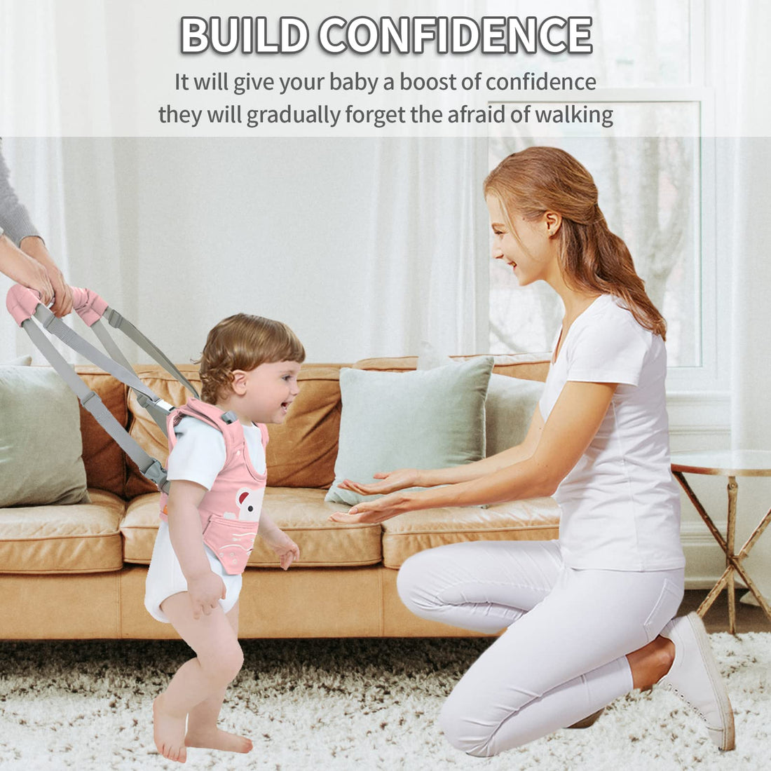 Huifen Baby Walking Harness, Handheld Kids Walker Helper with Detachable Crotch Adjustable Walker Harness Assistant Belt Baby Learning Walk Toddler Infant Walker 9-24 Months (Pink)