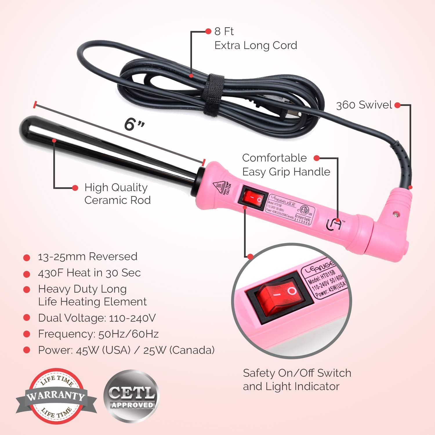 Le Angelique Tapered Curling Iron, Pink, 13-25mm