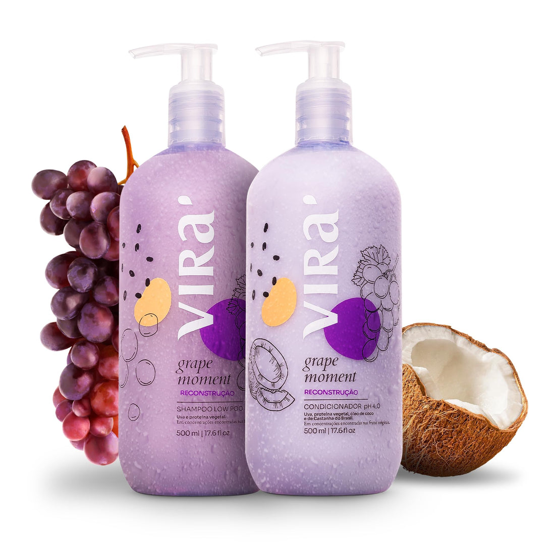 VIRÁ Brazilian Shampoo and Conditioner Set, Parabens Free, Damage Repair & Reconstruction, Anti-Frizz, Color Treated Hair, Triple Hydration, Grape Moment 17.6 Fl Oz Each