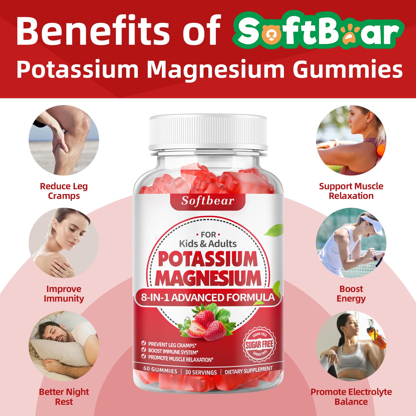 softbear Potassium Gummies for Adults, High Absorption Magnesium Potassium Supplement with Vitamin B6 for Leg Cramps & Muscle Health Sugar-Free Vegan Strawberry 60 Gummies