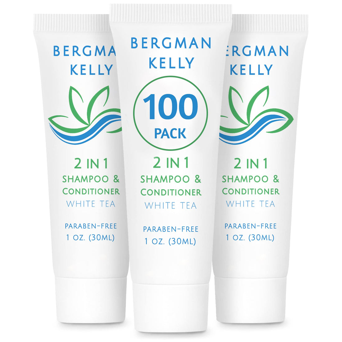 Bergman Kelly - Travel Size 2 in 1 Shampoo & Conditioner - 1 fl oz, 100 PK, White Tea - Delight Your Guests w/Revitalizing & Refreshing Shampoo Amenities, Quality Small Size Hotel Toiletries in Bulk