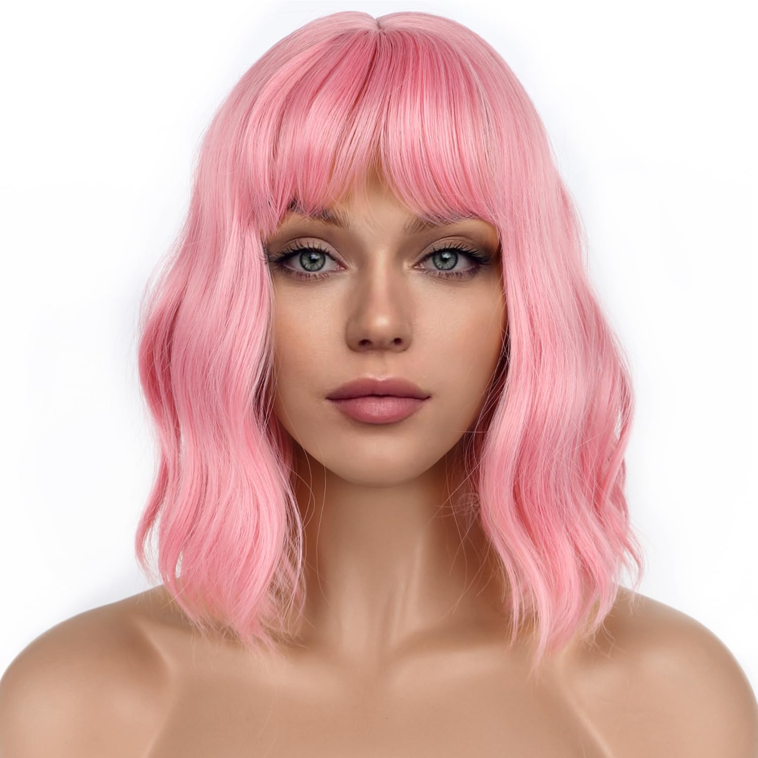 LANCAINI Pastel Bob Wigs with Bangs for Women Loose Wavy Wig Pastel Wavy Shoulder Length Bob Synthetic Cosplay Wig for Girl Colorful Costume Wigs (Pink)