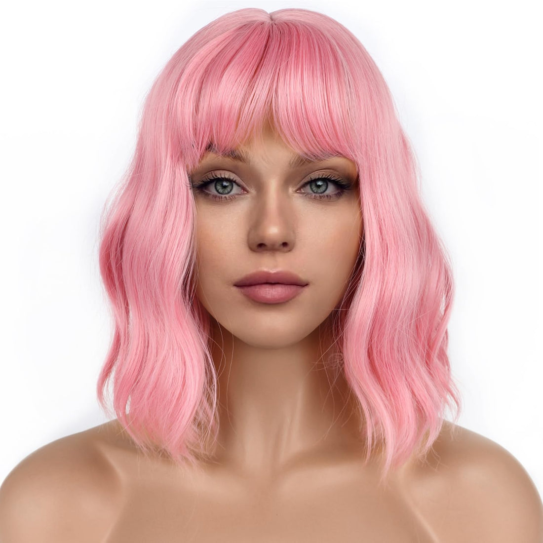LANCAINI Pastel Bob Wigs with Bangs for Women Loose Wavy Wig Pastel Wavy Shoulder Length Bob Synthetic Cosplay Wig for Girl Colorful Costume Wigs (Pink)