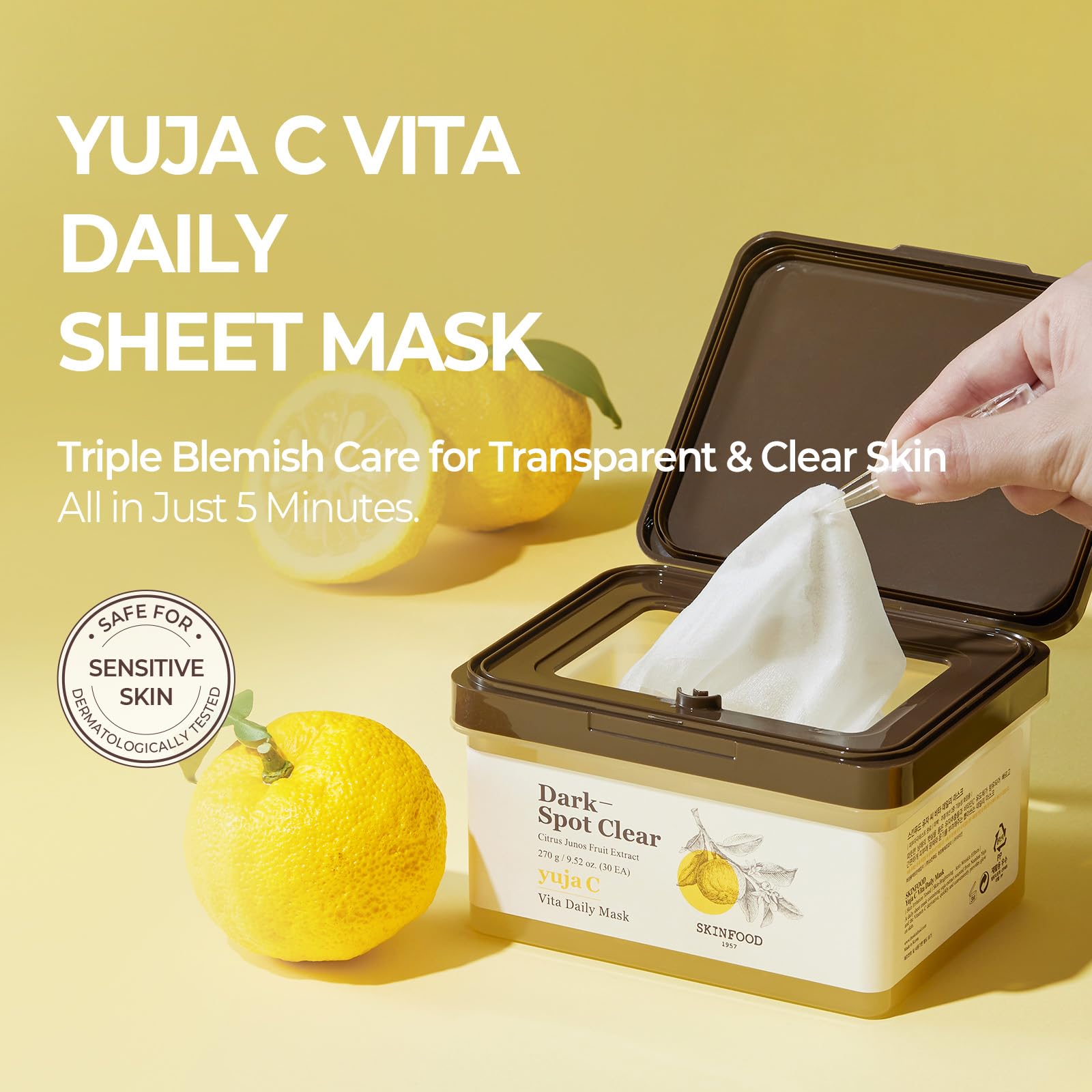 SKINFOOD Yuja C Vita Daily Sheet Mask, Korean 5-Minute Quick Skincare Hack, Triple Blemish & Dark Spot Care, Skin Tone Improvement Face Mask for Transparent and Clear Skin, Bulk Pack (30EA)