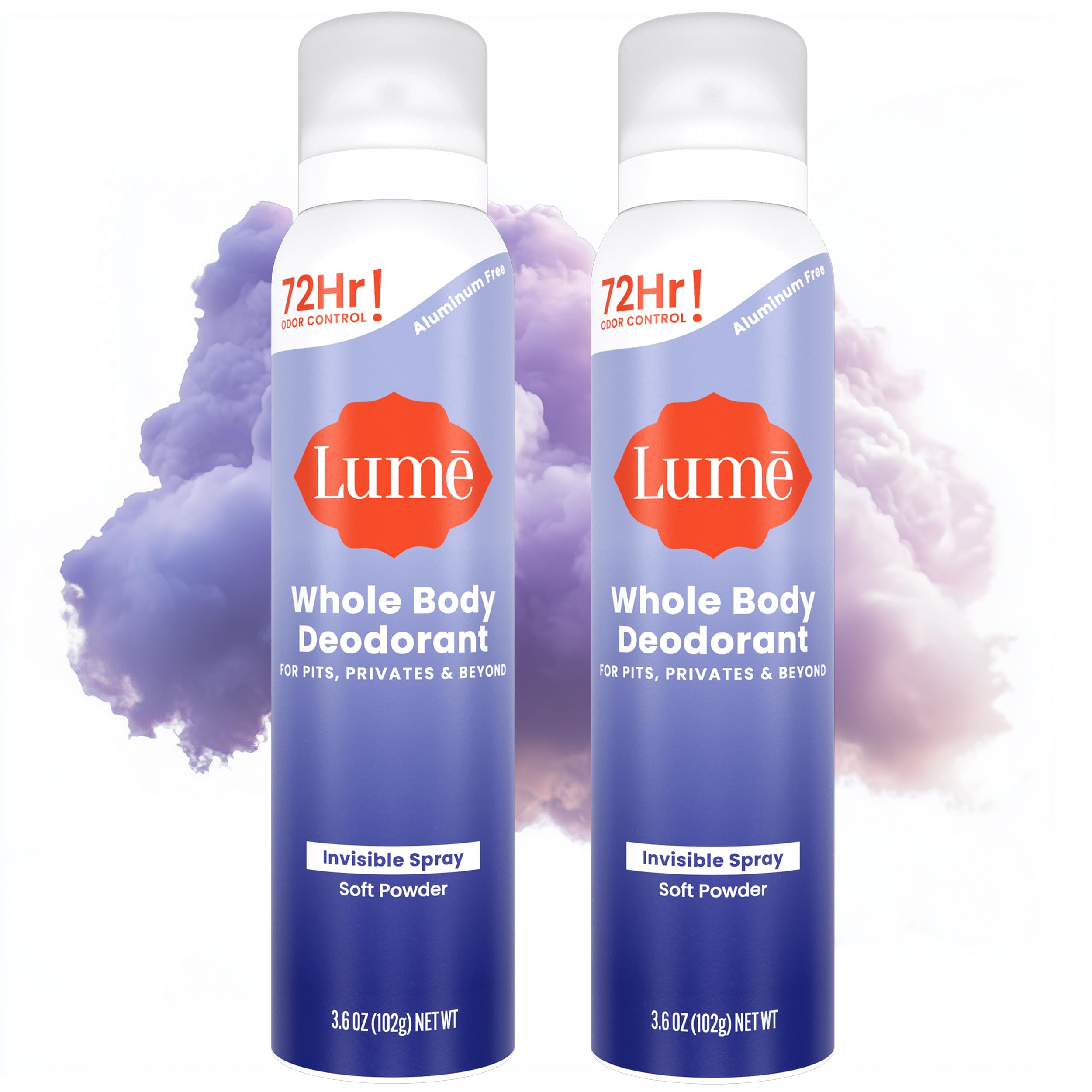 Lume Invisible Spray Deodorant For Women - Whole Body Deodorant Spray - 72 Hr Odor Control - Ozone Friendly, Natural Propellant - Aluminum & Baking Soda Free, Skin Loving - 2 pack (Soft Powder)