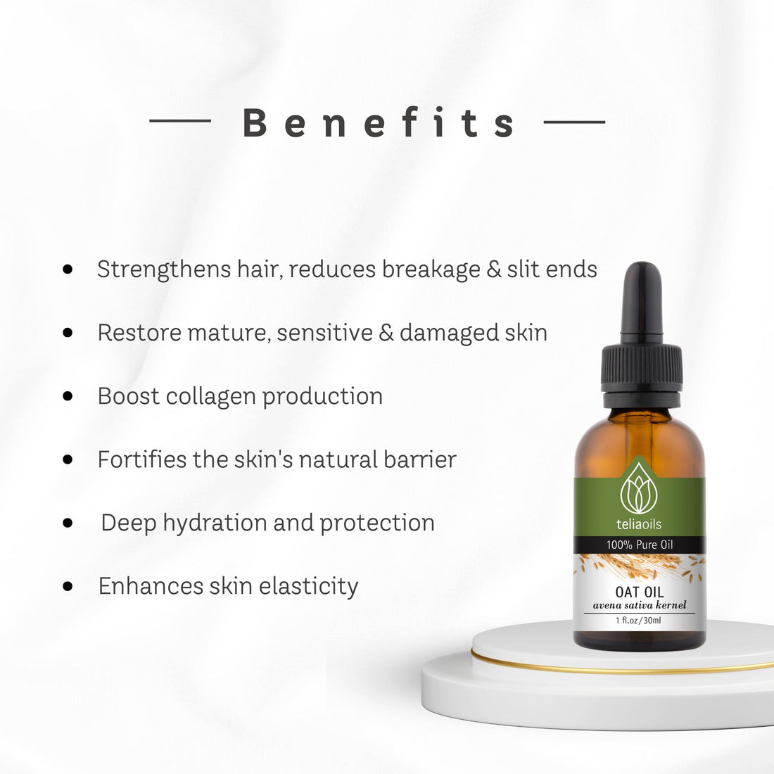 Teliaoils Oat Oil – Avena Sativa Kernel Oil – 100% Pure, Non-GMO, Vegan, Cold-Pressed, Soothing and Hydrating for Natural Skin and Hair Care 1 fl oz