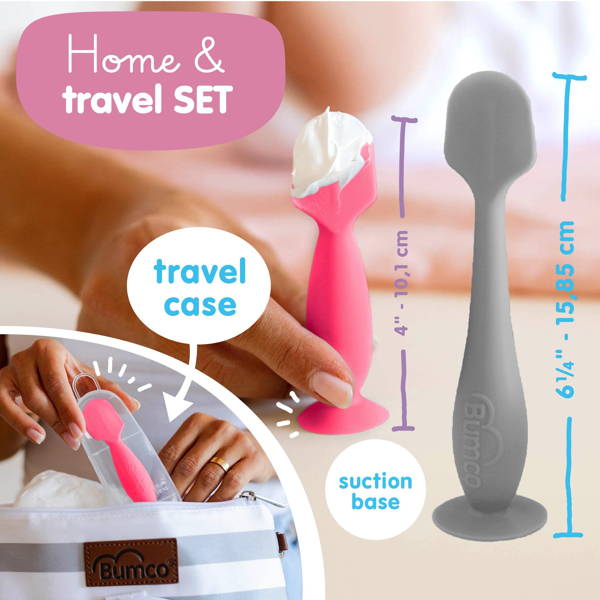 Bumco Baby Bum Brush + Mini Diaper Cream Spatula with Case - BPA-Free Butt Spatula Baby, Soft Diaper Spatula, Baby Diaper Cream Applicator, Mom-Invented Diaper Bag Essentials, Butt Spatula
