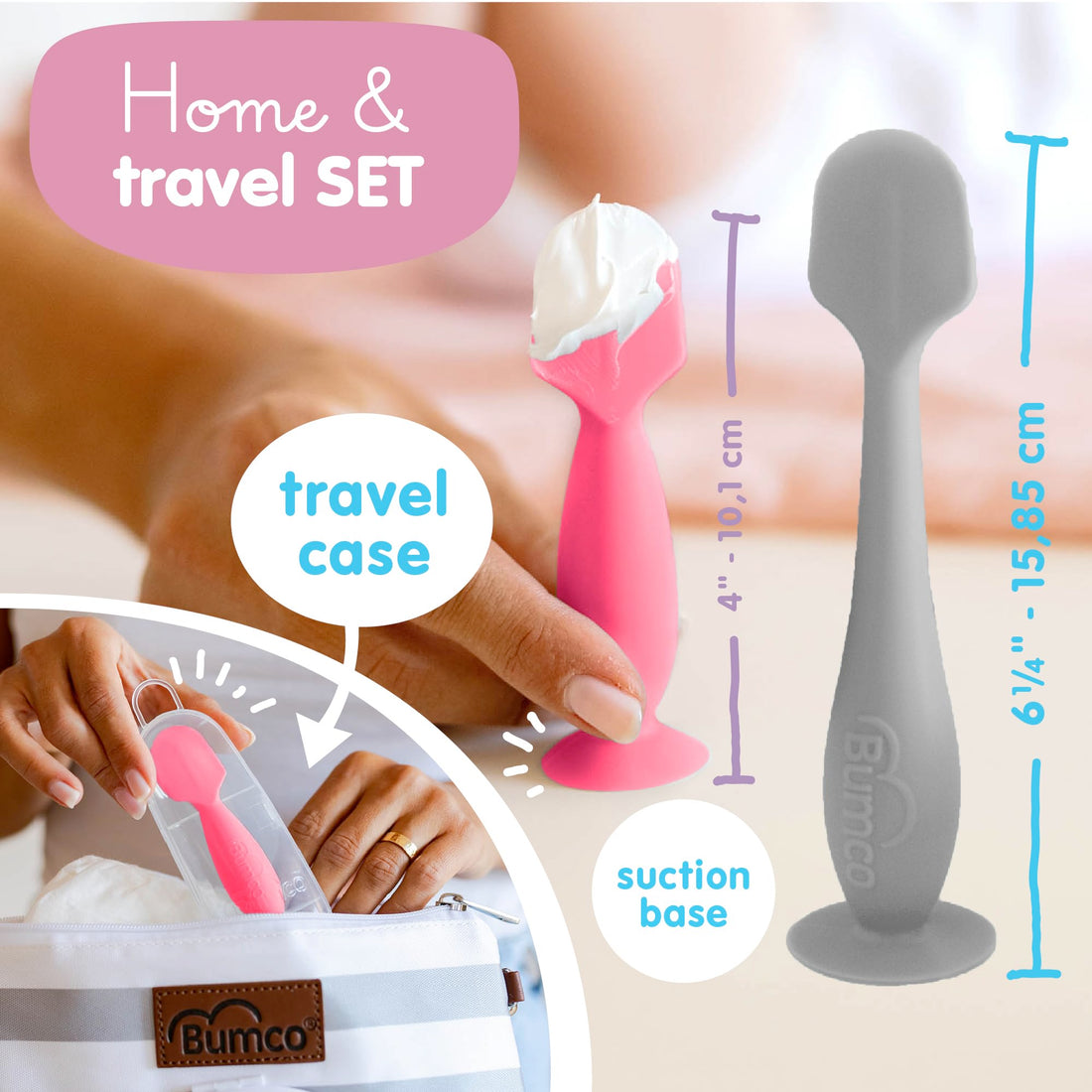 Bumco Baby Bum Brush + Mini Diaper Cream Spatula with Case - BPA-Free Butt Spatula Baby, Soft Diaper Spatula, Baby Diaper Cream Applicator, Mom-Invented Diaper Bag Essentials, Butt Spatula