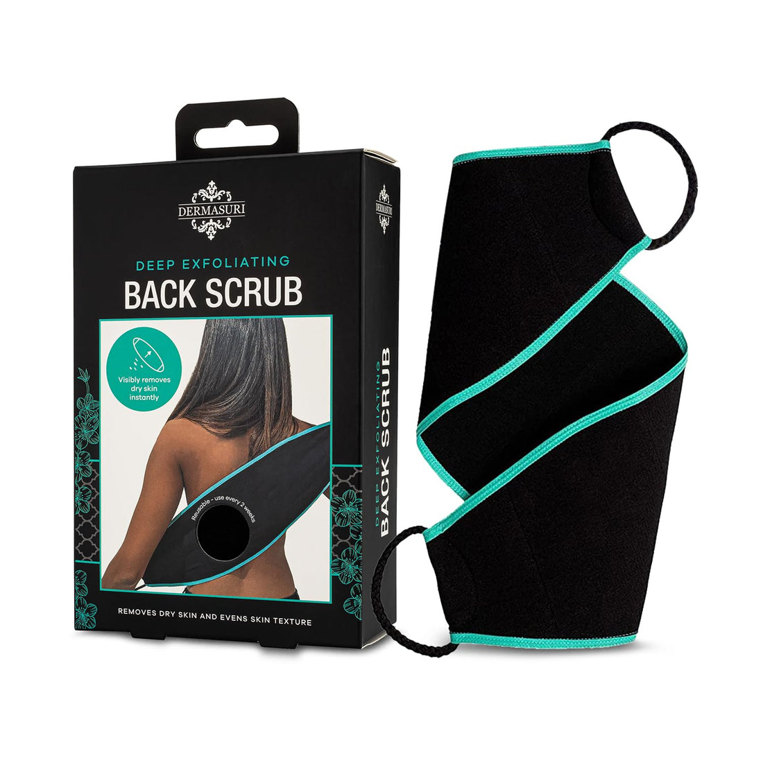 Dermasuri Deep Exfoliating Back Scrubber -Bath & Shower Back Scrub - Body Exfoliator Scraper Tool - Deep Exfoliation Body Cleaner for Shower, 27 Long, 8 Wide