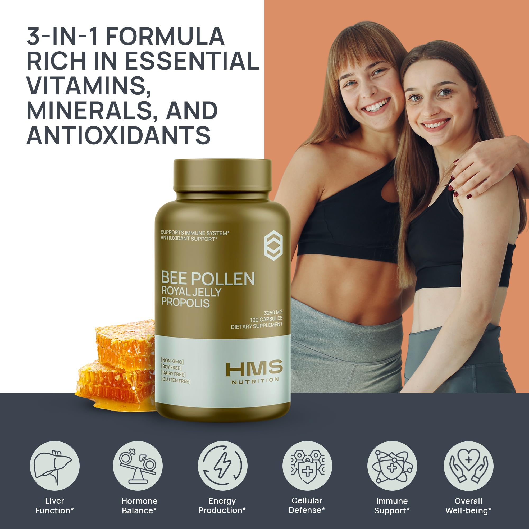 HMS Nutrition Premium Bee Pollen Daily Dietary Supplement - Includes Propolis & Royal Jelly - 3250mg Non-GMO, 120 Vegetarian Capsules - 30 Day Supply