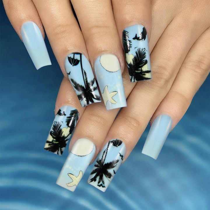 Summer Press on Nails Medium Square Fake Nails with Coconut Tree Starfish Fish Designs Blue Seagull Beach Palm Pattern False Nails Tropical Full Cover Glossy Artificial Acrylic Stick on Nails 24Pcs