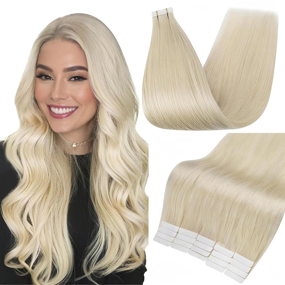 Fshine Tape In Hair Extensions 20 Inch Double Sided Adhesive Tape In Human Hair Color 60 Platinum Blonde Tape On Extensions Remy Hair 50 Grams 20 Pcs Seamless Pu Tape In Hair