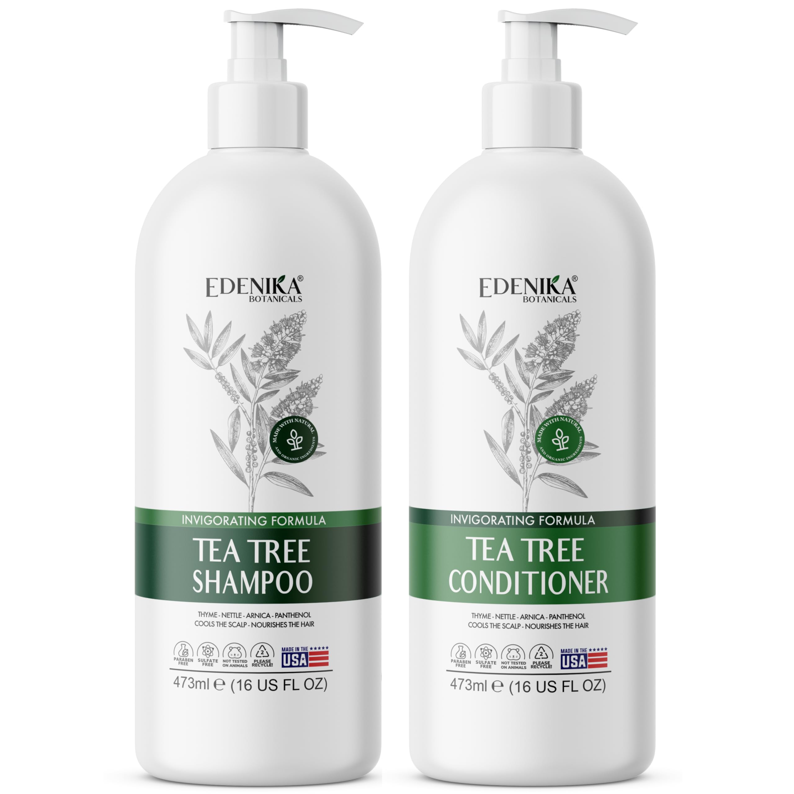EDENIKA Tea Tree Shampoo & Conditioner Set – Deep Cleansing & Detoxifying, Invigorating, Soothes Itchy Scalp, Nourishes & Strengthens Hair – For All Hair Types, 16 fl oz Each