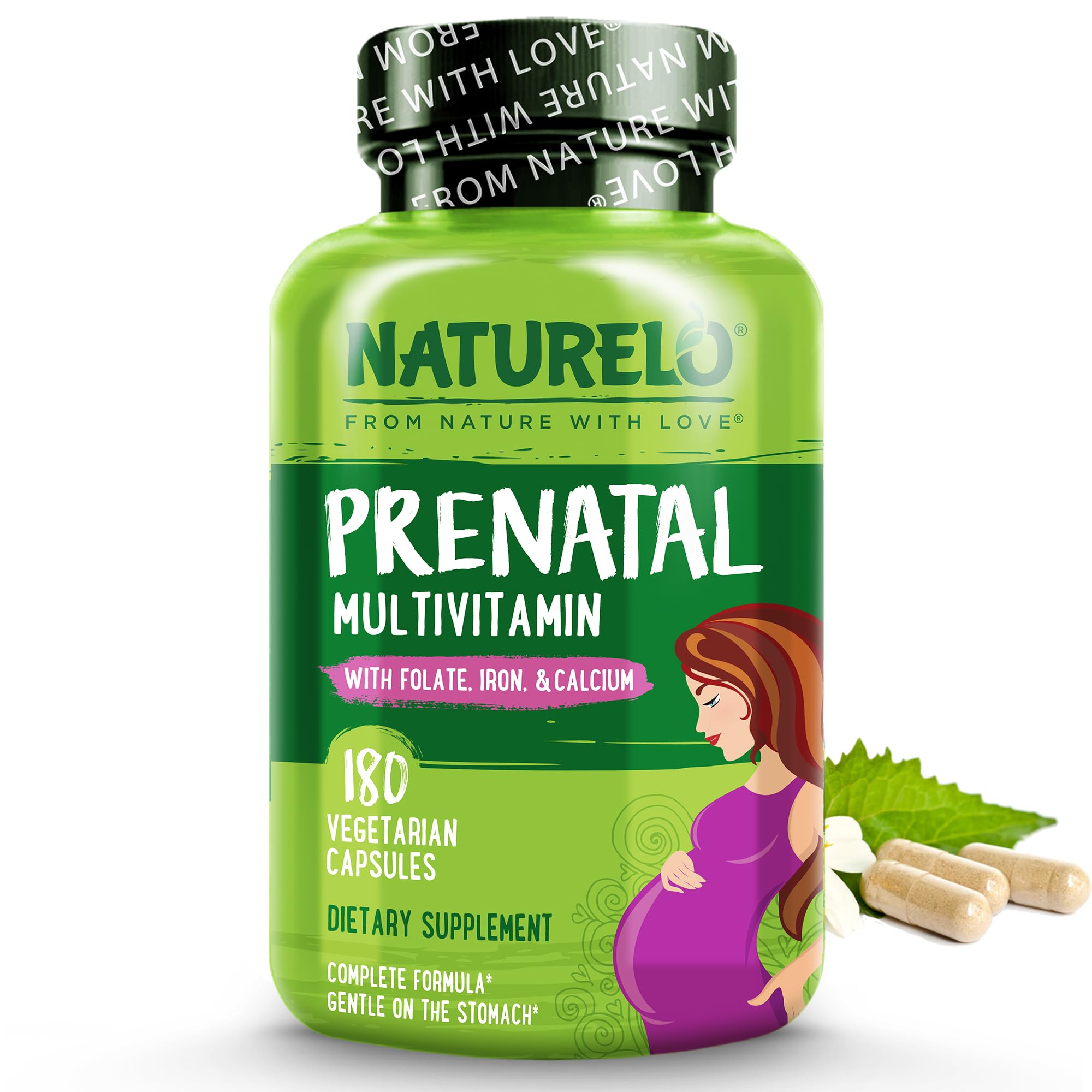 NATURELO Prenatal Multivitamin with Gentle Chelated Iron, Methyl Folate, Plant Calcium & Choline - Vegan, Vegetarian - Non-GMO - Gluten Free - 180 Capsules - 2 Month Supply