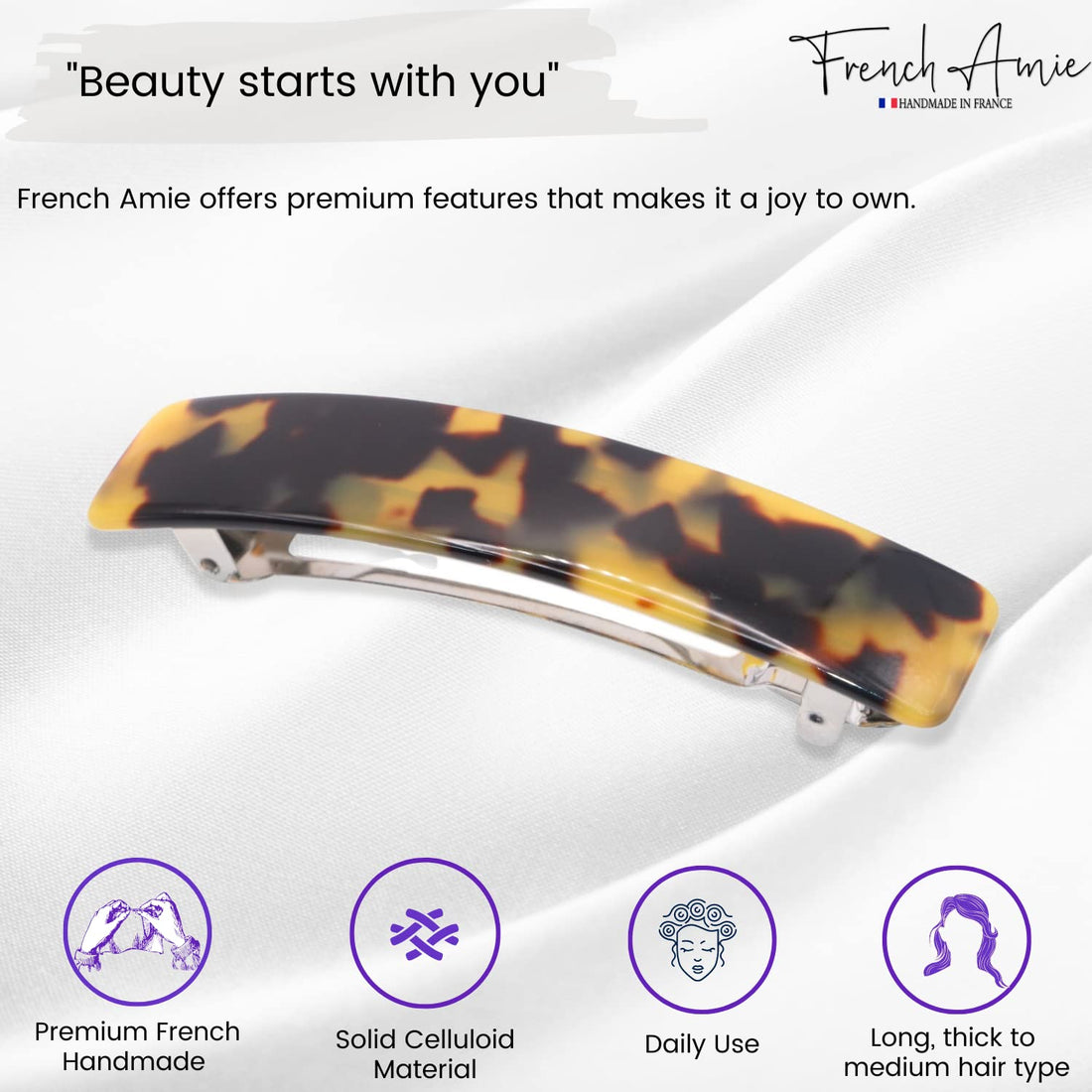French Amie Oblong Handmade 3. 5 Inches Strong Grip Celluloid Yellow Tokyo Automatic Hair Clip Hair Barrette - Long Lasting (Tokyo Shell)