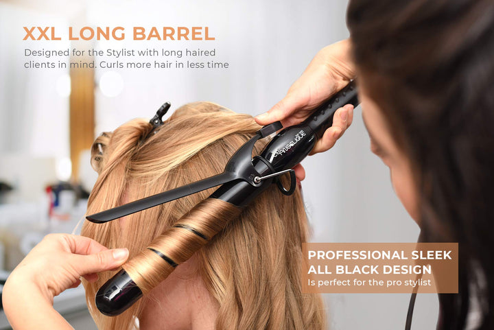 Le Angelique 1 1/4 Inch Curling Iron with Clip - 8 Extra Long Barrel, 400F 360F 320F 285F 250F Temperature Set, Cool Tip, Cooling Stand, Ceramic Coating, Dual Voltage Professional Hair Wand 32mm