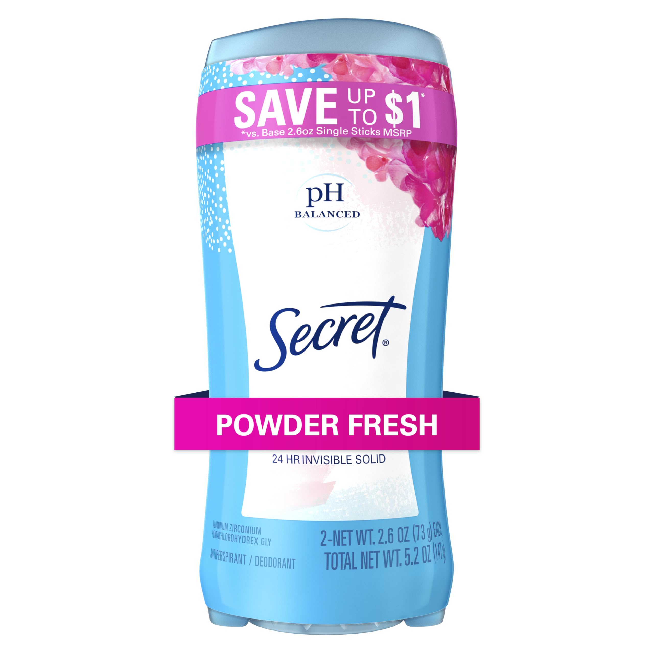 Secret Original Powder Fresh Scent Women's Invisible Solid Ph Balanced Antiperspirant & Deodorant Twin Pack 5.2 Oz